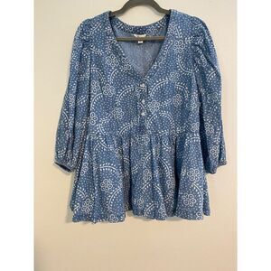 Cato Women's 18/20W Blue Floral Peplum Blouse 3/4 Sleeve Cotton & Lyocell Blend